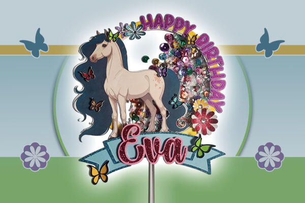 Front-facing view of a magical horse shaker cake topper personalized with the name ‘Eva.’ A cream horse with a long, navy-blue mane stands under a glittery ‘Happy Birthday’ banner. The design includes bright butterflies, floral details, and a see-through shaker area filled with sparkling sequins. Constructed from layered glitter cardstock, it measures 5.5 by 5.5 inches, with a 4–5-inch acrylic stick extending below.