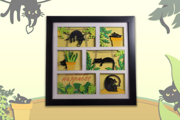 Featured image of a bright 3D cat-themed shadow box, showcasing playful black cats among green foliage and a sunny yellow background. A bold black frame with the phrase “You fill my day with Happiness,” creating an uplifting design for cat lovers!